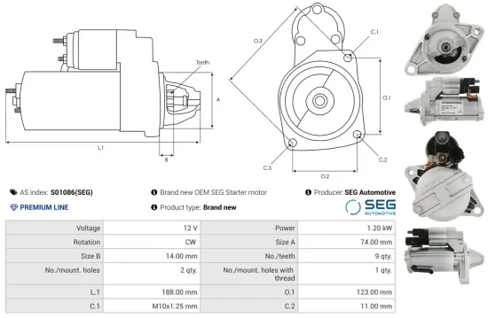 Starter 12 V 1,2 kW AS-PL S01086(SEG) Bild Starter 12 V 1,2 kW AS-PL S01086(SEG)