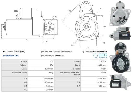 Starter 12 V 1,1 kW AS-PL S01092(SEG) Bild Starter 12 V 1,1 kW AS-PL S01092(SEG)