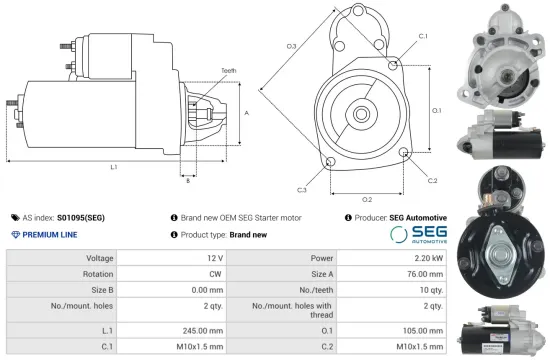 Starter 12 V 2,2 kW AS-PL S01095(SEG) Bild Starter 12 V 2,2 kW AS-PL S01095(SEG)