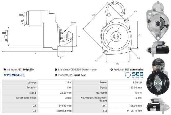 Starter 12 V 1,7 kW AS-PL S01102(SEG) Bild Starter 12 V 1,7 kW AS-PL S01102(SEG)