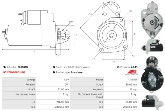 Starter 12 V 1,7 kW AS-PL S01102S Bild Starter 12 V 1,7 kW AS-PL S01102S