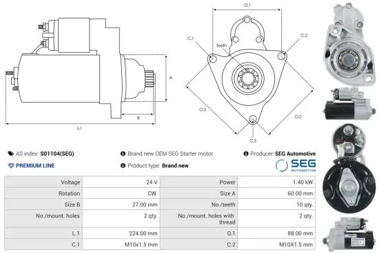 Starter 24 V 1,4 kW AS-PL S01104(SEG) Bild Starter 24 V 1,4 kW AS-PL S01104(SEG)