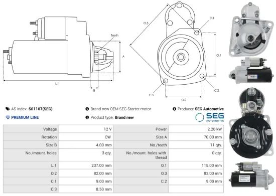 Starter 12 V 2,2 kW AS-PL S01107(SEG) Bild Starter 12 V 2,2 kW AS-PL S01107(SEG)