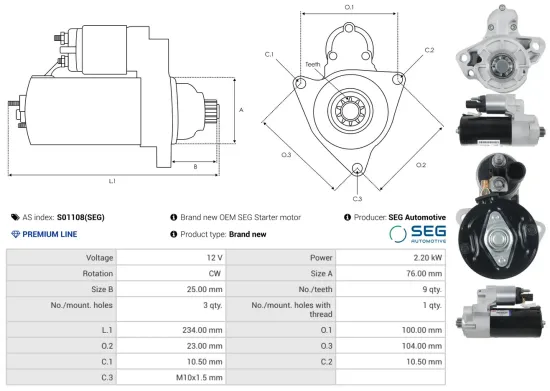 Starter 12 V 2,2 kW AS-PL S01108(SEG) Bild Starter 12 V 2,2 kW AS-PL S01108(SEG)