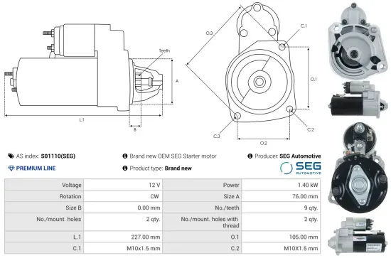 Starter 12 V 1,4 kW AS-PL S01110(SEG) Bild Starter 12 V 1,4 kW AS-PL S01110(SEG)