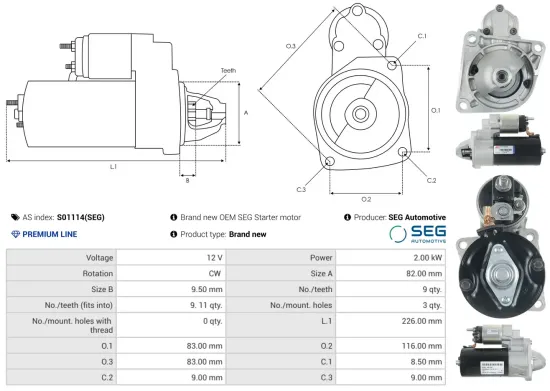 Starter 12 V 2 kW AS-PL S01114(SEG) Bild Starter 12 V 2 kW AS-PL S01114(SEG)