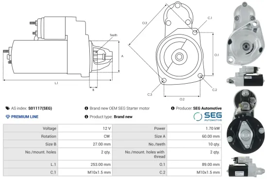 Starter 12 V 1,7 kW AS-PL S01117(SEG) Bild Starter 12 V 1,7 kW AS-PL S01117(SEG)
