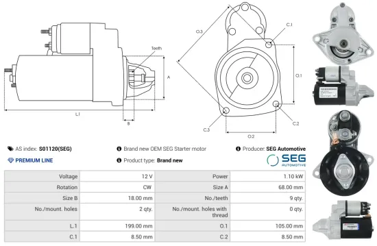 Starter 12 V 1,1 kW AS-PL S01120(SEG) Bild Starter 12 V 1,1 kW AS-PL S01120(SEG)