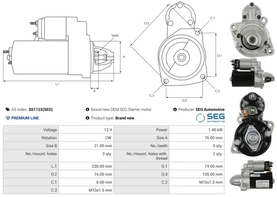 Starter 12 V 1,4 kW AS-PL S01122(SEG) Bild Starter 12 V 1,4 kW AS-PL S01122(SEG)
