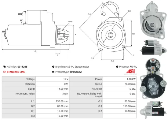 Starter 12 V 1,1 kW AS-PL S01126S Bild Starter 12 V 1,1 kW AS-PL S01126S