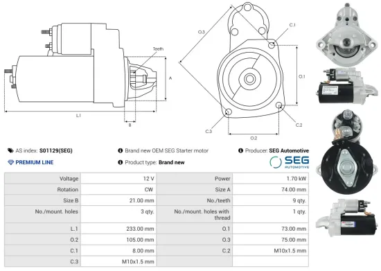 Starter 12 V 1,7 kW AS-PL S01129(SEG) Bild Starter 12 V 1,7 kW AS-PL S01129(SEG)