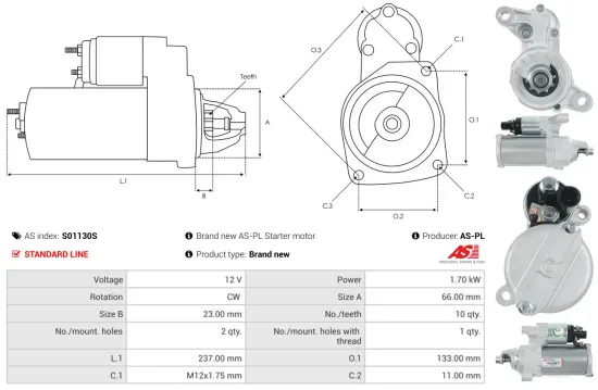 Starter 12 V 1,7 kW AS-PL S01130S Bild Starter 12 V 1,7 kW AS-PL S01130S