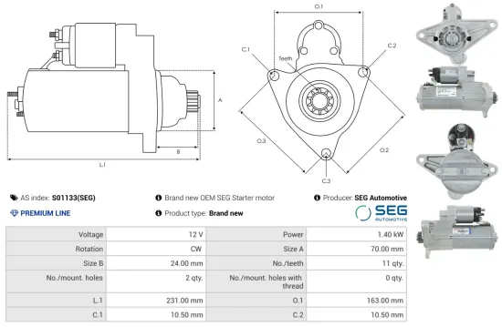 Starter 12 V 1,4 kW AS-PL S01133(SEG) Bild Starter 12 V 1,4 kW AS-PL S01133(SEG)