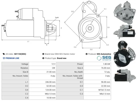 Starter 12 V 1,8 kW AS-PL S01134(SEG) Bild Starter 12 V 1,8 kW AS-PL S01134(SEG)