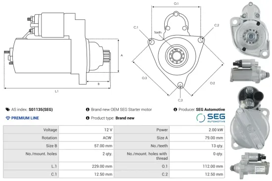 Starter 12 V 2 kW AS-PL S01135(SEG) Bild Starter 12 V 2 kW AS-PL S01135(SEG)