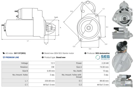 Starter 12 V 2,2 kW AS-PL S01137(SEG) Bild Starter 12 V 2,2 kW AS-PL S01137(SEG)