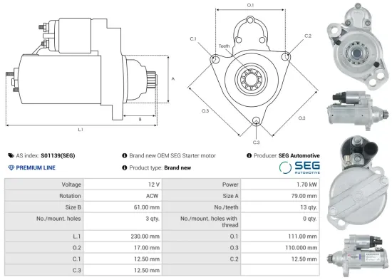 Starter 12 V 1,7 kW AS-PL S01139(SEG) Bild Starter 12 V 1,7 kW AS-PL S01139(SEG)