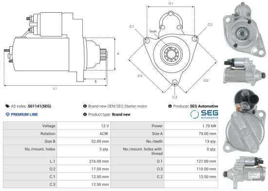 Starter 12 V 1,7 kW AS-PL S01141(SEG) Bild Starter 12 V 1,7 kW AS-PL S01141(SEG)