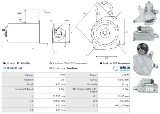 Starter 12 V 1,4 kW AS-PL S01145(SEG) Bild Starter 12 V 1,4 kW AS-PL S01145(SEG)