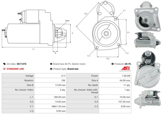 Starter 12 V 1 kW AS-PL S01147S Bild Starter 12 V 1 kW AS-PL S01147S