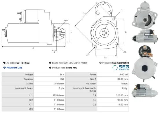 Starter 24 V 4 kW AS-PL S01151(SEG) Bild Starter 24 V 4 kW AS-PL S01151(SEG)