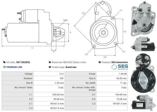 Starter 12 V 1,4 kW AS-PL S01155(SEG) Bild Starter 12 V 1,4 kW AS-PL S01155(SEG)