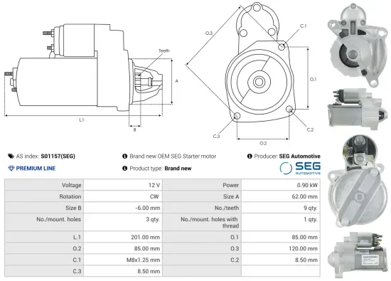 Starter 12 V 0,9 kW AS-PL S01157(SEG) Bild Starter 12 V 0,9 kW AS-PL S01157(SEG)