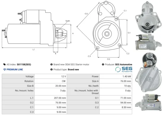 Starter 12 V 1,4 kW AS-PL S01158(SEG) Bild Starter 12 V 1,4 kW AS-PL S01158(SEG)