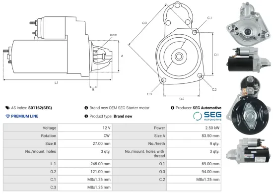 Starter 12 V 2,5 kW AS-PL S01162(SEG) Bild Starter 12 V 2,5 kW AS-PL S01162(SEG)