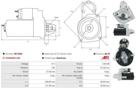 Starter 12 V 2,5 kW AS-PL S01165S Bild Starter 12 V 2,5 kW AS-PL S01165S