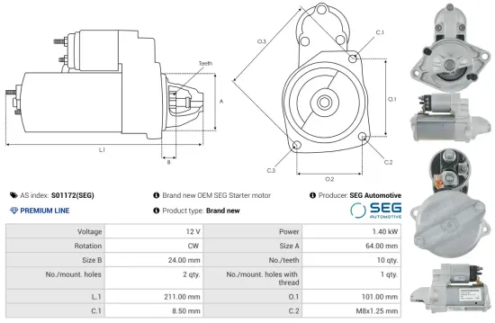 Starter 12 V 1,4 kW AS-PL S01172(SEG) Bild Starter 12 V 1,4 kW AS-PL S01172(SEG)