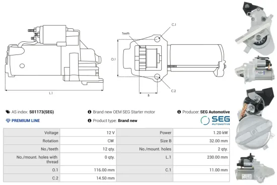 Starter 12 V 1,2 kW AS-PL S01173(SEG) Bild Starter 12 V 1,2 kW AS-PL S01173(SEG)