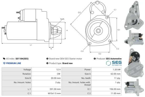 Starter 12 V 1,2 kW AS-PL S01184(SEG) Bild Starter 12 V 1,2 kW AS-PL S01184(SEG)