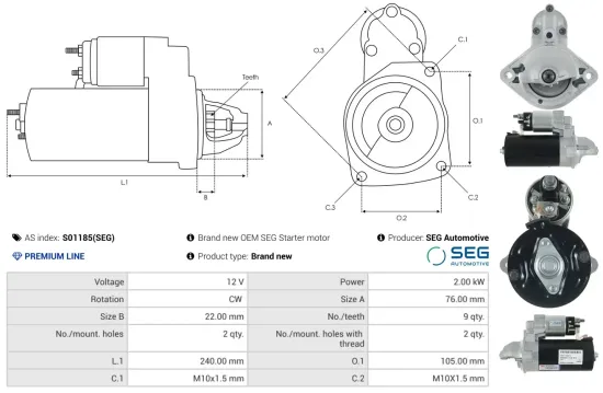 Starter 12 V 2 kW AS-PL S01185(SEG) Bild Starter 12 V 2 kW AS-PL S01185(SEG)