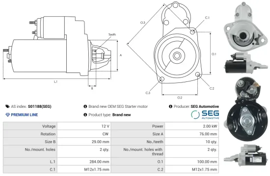 Starter 12 V 2 kW AS-PL S01188(SEG) Bild Starter 12 V 2 kW AS-PL S01188(SEG)