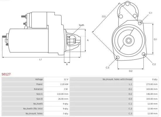 Starter 12 V 2,2 kW AS-PL S0127 Bild Starter 12 V 2,2 kW AS-PL S0127