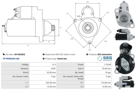 Starter 12 V 1,7 kW AS-PL S0140(SEG) Bild Starter 12 V 1,7 kW AS-PL S0140(SEG)