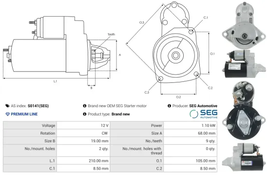 Starter 12 V 1,1 kW AS-PL S0141(SEG) Bild Starter 12 V 1,1 kW AS-PL S0141(SEG)