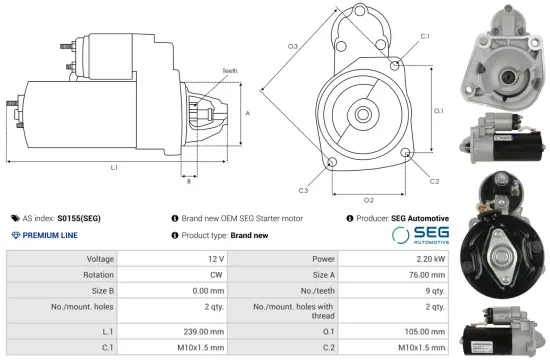 Starter 12 V 2,2 kW AS-PL S0155(SEG) Bild Starter 12 V 2,2 kW AS-PL S0155(SEG)