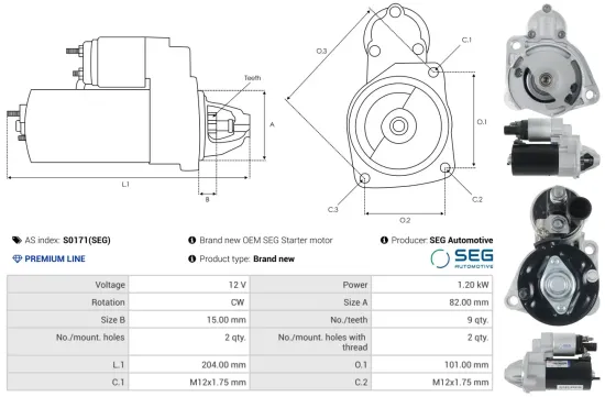 Starter 12 V 1,2 kW AS-PL S0171(SEG) Bild Starter 12 V 1,2 kW AS-PL S0171(SEG)