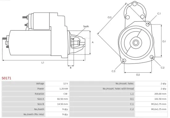 Starter 12 V 1,2 kW AS-PL S0171 Bild Starter 12 V 1,2 kW AS-PL S0171