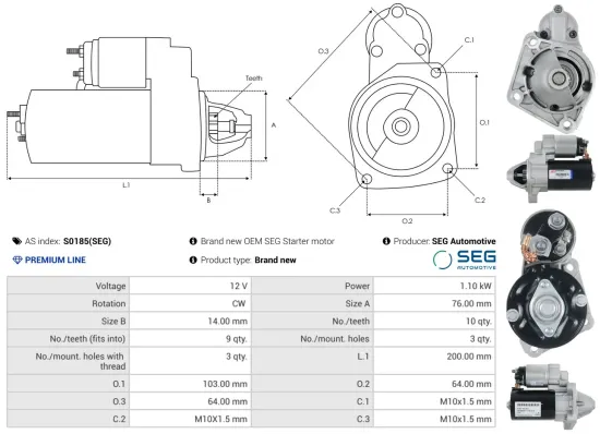 Starter 12 V 1,1 kW AS-PL S0185(SEG) Bild Starter 12 V 1,1 kW AS-PL S0185(SEG)