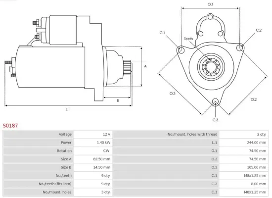 Starter 12 V 1,4 kW AS-PL S0187 Bild Starter 12 V 1,4 kW AS-PL S0187