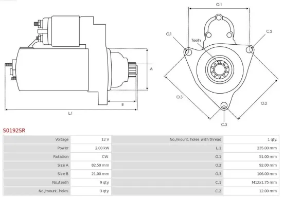 Starter 12 V 2 kW AS-PL S0192SR Bild Starter 12 V 2 kW AS-PL S0192SR