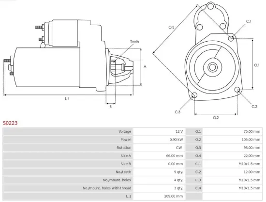 Starter 12 V 0,9 kW AS-PL S0223 Bild Starter 12 V 0,9 kW AS-PL S0223