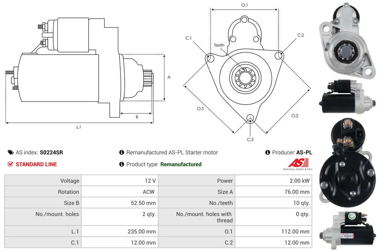 Starter 12 V 2 kW AS-PL S0224SR
