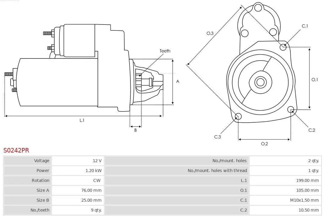 Starter 12 V 1,2 kW AS-PL S0242PR Bild Starter 12 V 1,2 kW AS-PL S0242PR