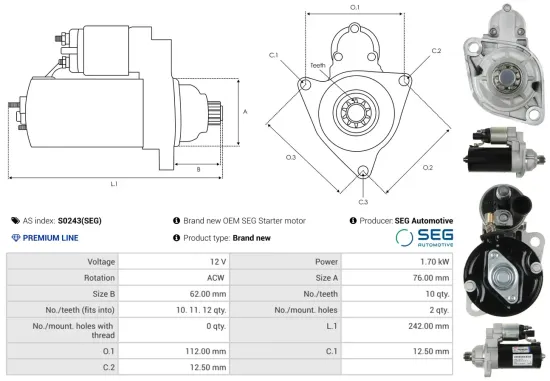 Starter 12 V 1,7 kW AS-PL S0243(SEG) Bild Starter 12 V 1,7 kW AS-PL S0243(SEG)