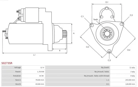 Starter 12 V 1,7 kW AS-PL S0273SR Bild Starter 12 V 1,7 kW AS-PL S0273SR