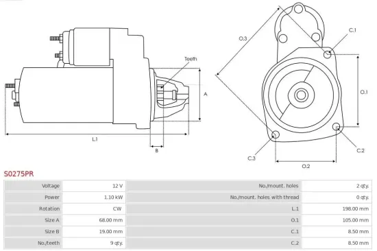 Starter 12 V 1,1 kW AS-PL S0275PR Bild Starter 12 V 1,1 kW AS-PL S0275PR